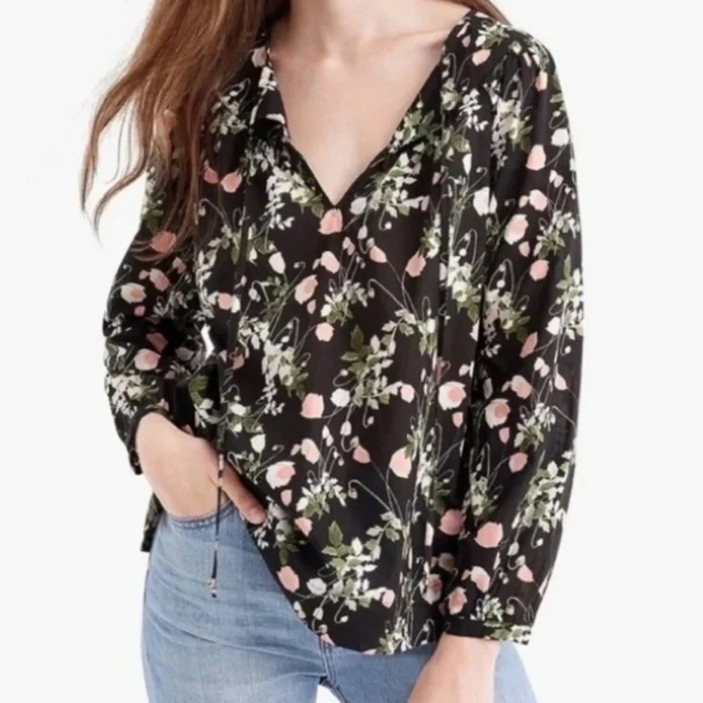 J. Crew Point Sur Peasant Top In Liberty Art Fabric Poppy Black S Classic Preppy